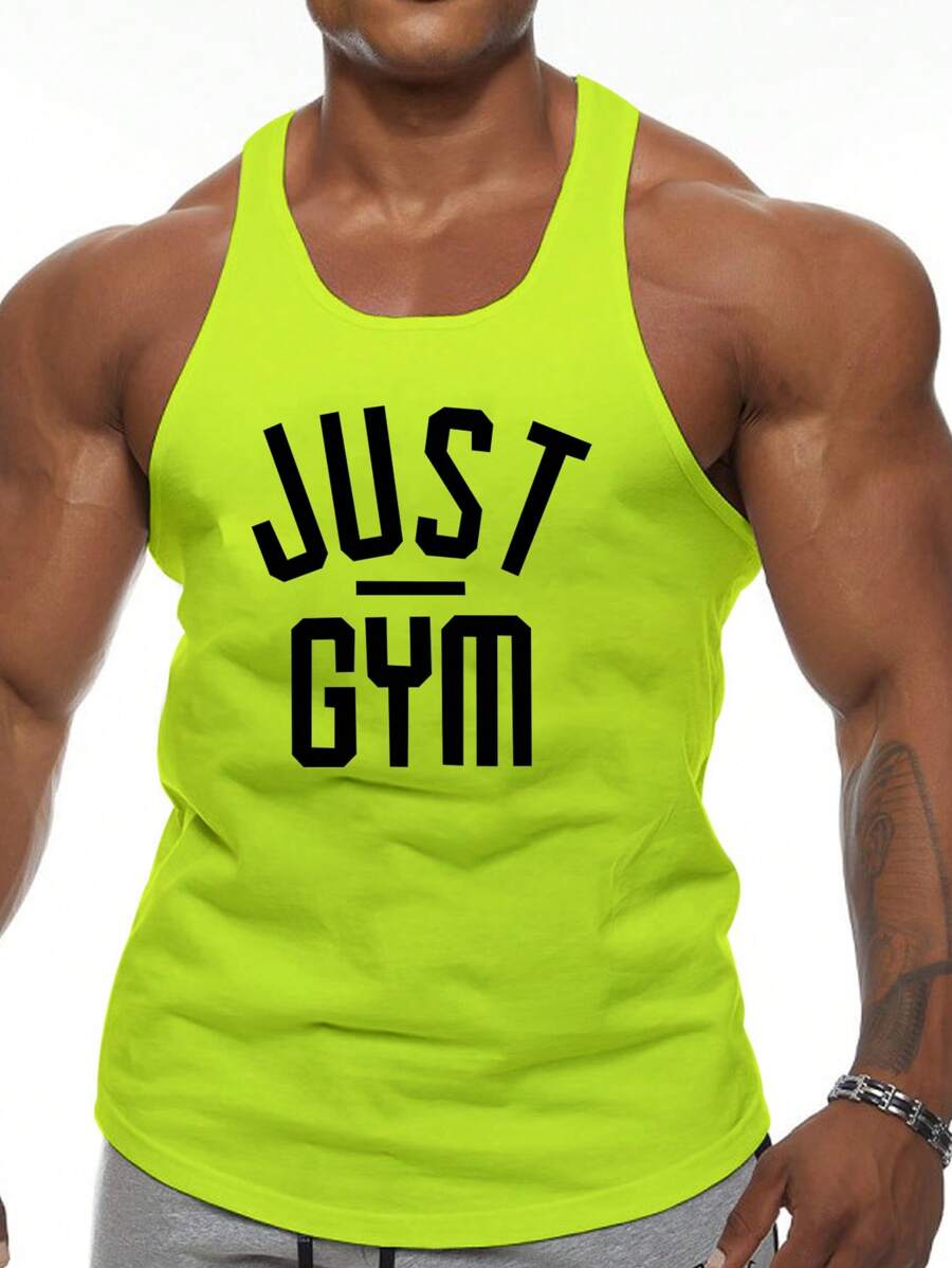 Manfinity Fitness 男友风男式字母图案工字背心运动背心健身上衣 - 青檸色 - 查看 1