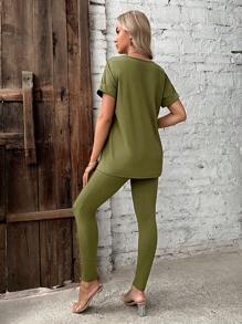 SHEIN Bộ đồ hai mảnh Bà bầu Nút Chia màu trơn Giải trí - xanh quân đội - Xem 2