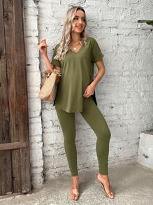 SHEIN Bộ đồ hai mảnh Bà bầu Nút Chia màu trơn Giải trí - xanh quân đội - Xem 3