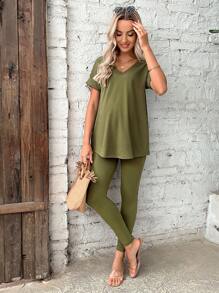 SHEIN Bộ đồ hai mảnh Bà bầu Nút Chia màu trơn Giải trí - xanh quân đội - Xem 6