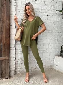 SHEIN Bộ đồ hai mảnh Bà bầu Nút Chia màu trơn Giải trí - xanh quân đội - Xem 7