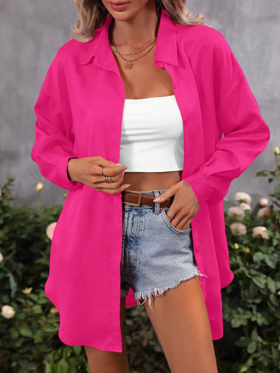 SHEIN LUNE Solid Drop Shoulder Button Front Shirt Fall Cloth For Women - Hot Pink - View 1