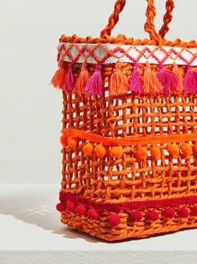 SHEIN VCAY Túi xách nữ bằng mây đơn giản màu trơn hàng ngày - trái cam - Xem 4