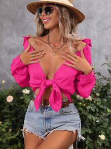 SHEIN LUNE Solid Drop Shoulder Button Front Shirt Fall Cloth For Women - Hot Pink - View 4