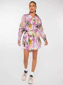 SHEINNeu Hemdkleid mit Tropenmuster, Gürtel,