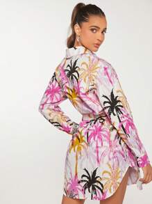 SHEINNeu Hemdkleid mit Tropenmuster, Gürtel,