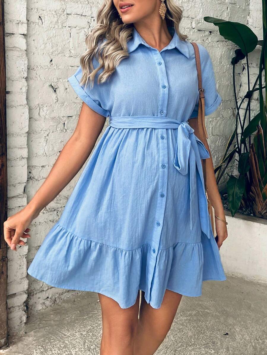 SHEIN 孕婦蝙蝠袖荷葉邊腰帶襯衫洋裝