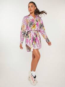SHEINNeu Hemdkleid mit Tropenmuster, Gürtel,