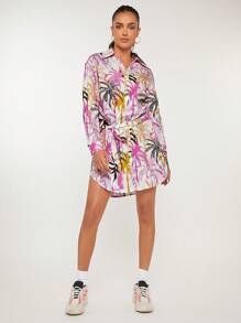 SHEINNeu Hemdkleid mit Tropenmuster, Gürtel,