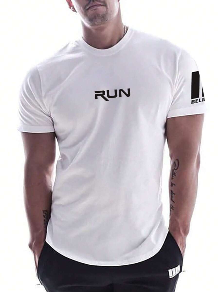 Manfinity Fitness Boyfriend Style Men Letter Graphic Sports Tee  Workout Tops  Workout Tops  Basketball  Back To School Graphic T Shirt Graphic Boyfriend Style Men T Shirt, Running Shirts, Gym Tee Workout Tops Breathable