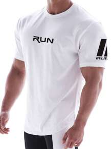 Manfinity Fitness Boyfriend Style Men Letter Graphic Sports Tee  Workout Tops  Workout Tops  Basketball  Back To School Graphic T Shirt Graphic Boyfriend Style Men T Shirt, Running Shirts, Gym Tee Workout Tops Breathable