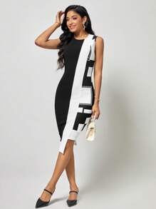 SHEIN Clasi Đầm Bất đối xứng Khối Màu Thanh lịch - Đen và trắng - Xem 3