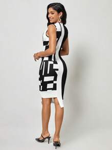 SHEIN Clasi Đầm Bất đối xứng Khối Màu Thanh lịch - Đen và trắng - Xem 2