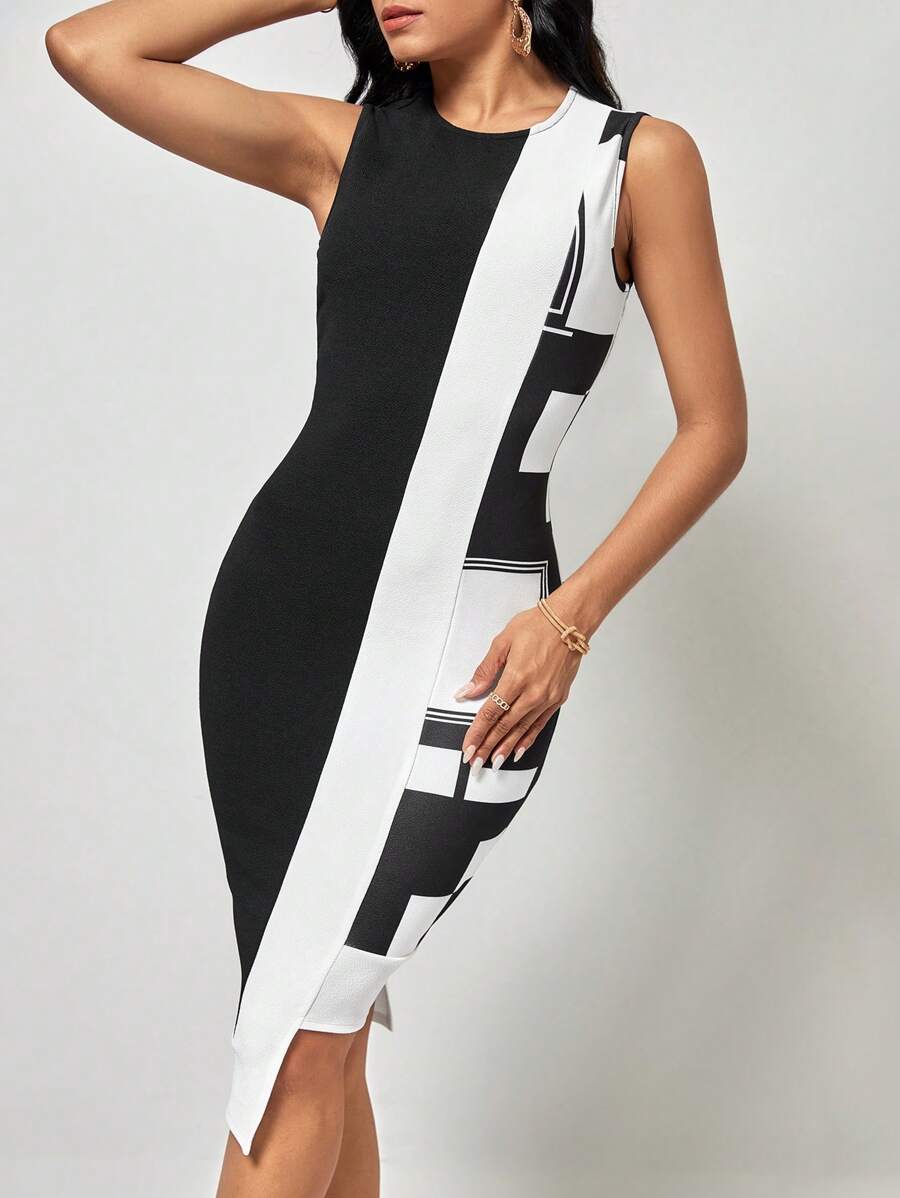 SHEIN Clasi Đầm Bất đối xứng Khối Màu Thanh lịch - Đen và trắng - Xem 1