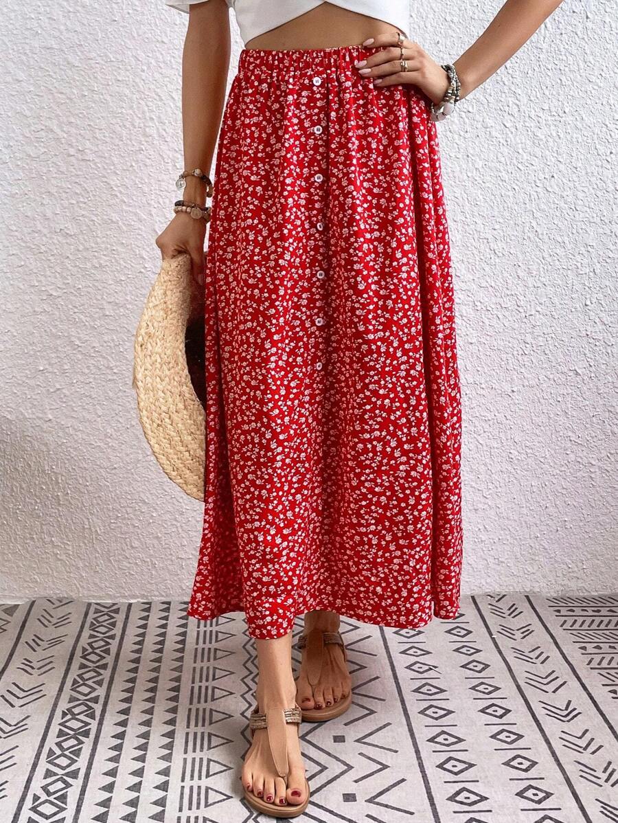 Breezaya Women's Ditsy Floral Elastic Waist Button Design Casual Midi Skirt - Red - View 1