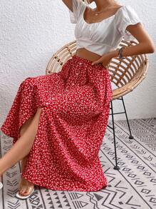 Breezaya Women's Ditsy Floral Elastic Waist Button Design Casual Midi Skirt - Red - View 3