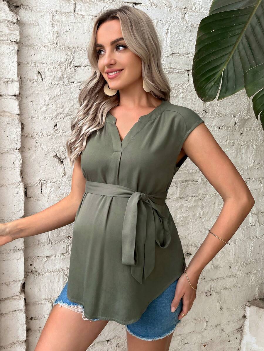 SHEIN Maternity Notched Neck Belted Blouse - Army Green - View 1