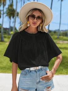 SHEIN VCAY Solid Button Front Butterfly Sleeve Blouse - Black - View 1