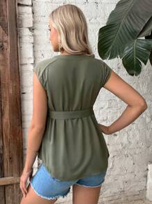 SHEIN Maternity Notched Neck Belted Blouse - Army Green - View 2