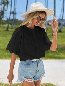 SHEIN VCAY Solid Button Front Butterfly Sleeve Blouse - Black - View 3