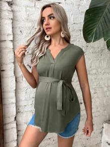 SHEIN Maternity Notched Neck Belted Blouse - Army Green - View 3