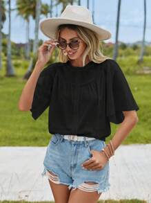 SHEIN VCAY Solid Button Front Butterfly Sleeve Blouse - Black - View 4