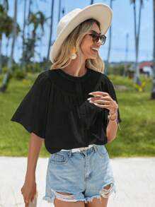 SHEIN VCAY Solid Button Front Butterfly Sleeve Blouse - Black - View 5