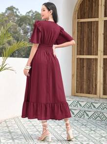 Mulvari 圓點蝴蝶袖荷葉邊洋裝 - 紫紅色 - 查看 2