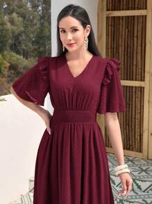 Mulvari 圓點蝴蝶袖荷葉邊洋裝 - 紫紅色 - 查看 3