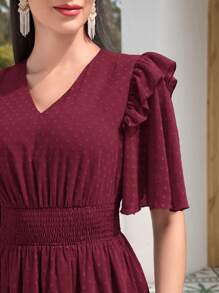 Mulvari 圓點蝴蝶袖荷葉邊洋裝 - 紫紅色 - 查看 4