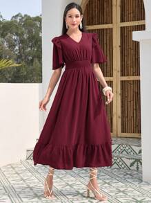 Mulvari 圓點蝴蝶袖荷葉邊洋裝 - 紫紅色 - 查看 5