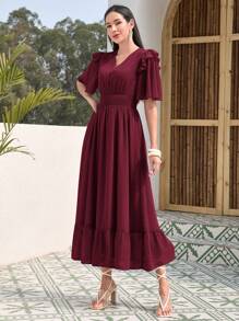 Mulvari 圓點蝴蝶袖荷葉邊洋裝 - 紫紅色 - 查看 6