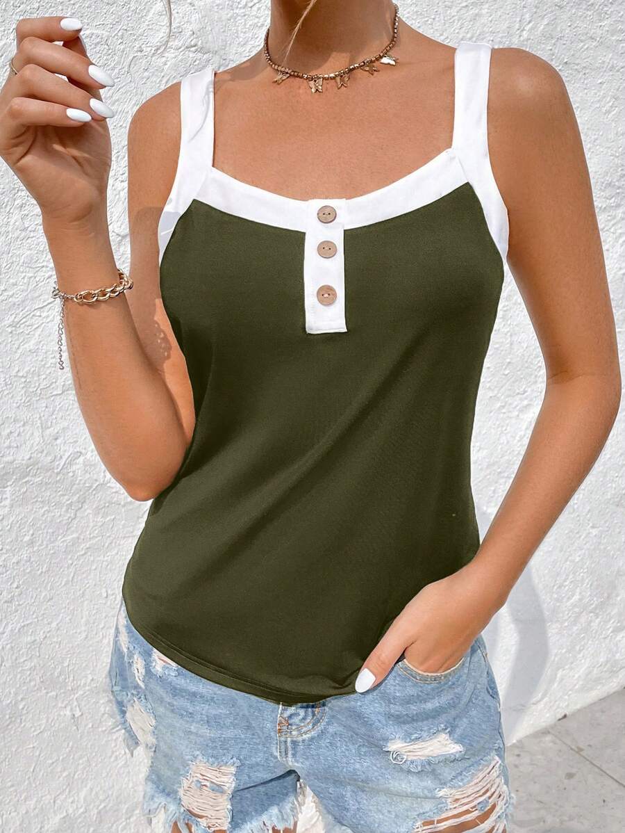 SHEIN LUNE 拼接邊紐扣細節吊帶上衣 - 軍綠色 - 查看 1