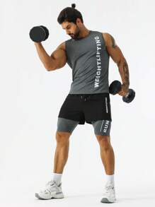 Manfinity Fitness Men Shorts Set Men Letter Graphic Tank Top & Drawstring Waist 2 In 1 Shorts Sports Set, Athletic Suit, Tracksuit - Multicolor - View 4