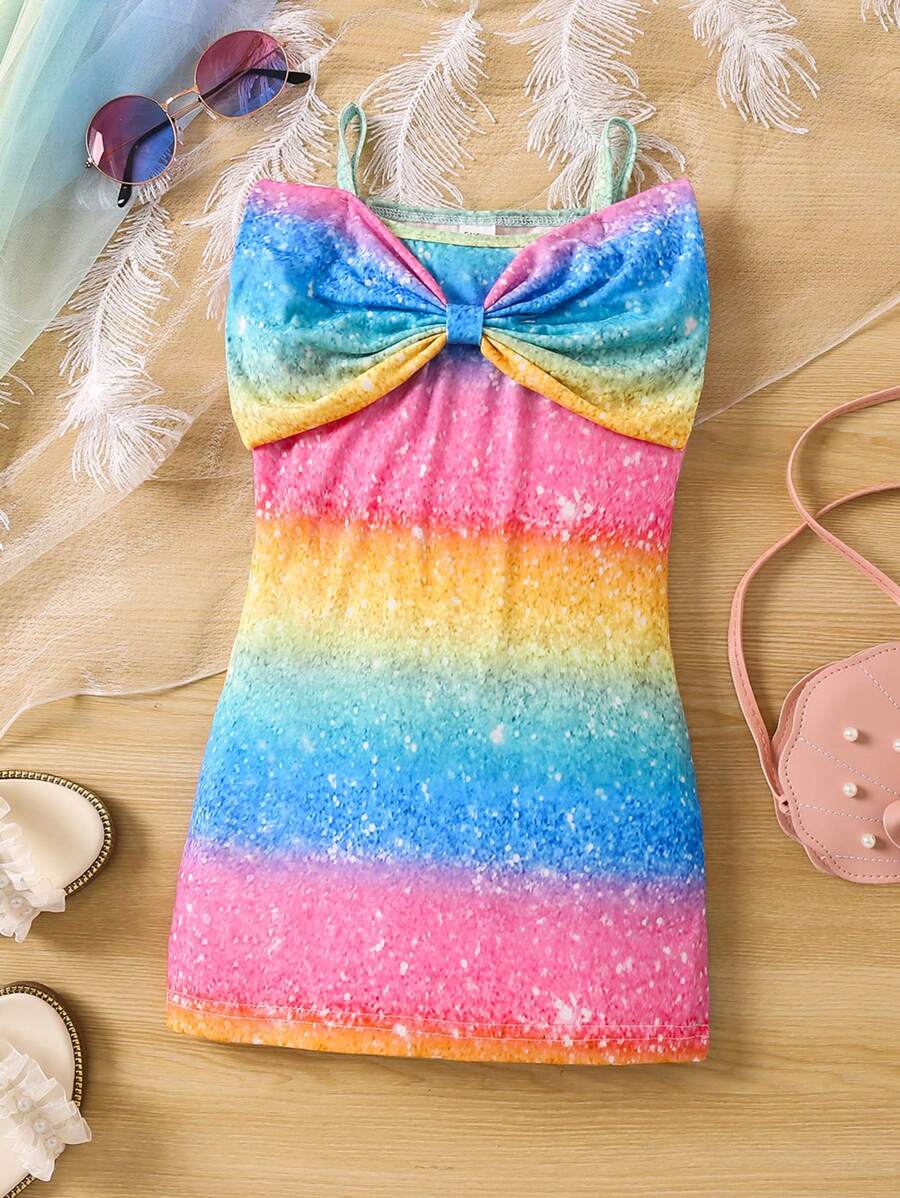 SHEIN 小女童漸層前蝴蝶結吊帶洋裝 - 彩色 - 查看 1