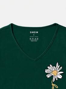 SHEIN EZwear Floral And Letter Graphic Tee - Dark Green - View 3