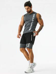 Manfinity Fitness Men Shorts Set Men Letter Graphic Tank Top & Drawstring Waist 2 In 1 Shorts Sports Set, Athletic Suit, Tracksuit - Multicolor - View 5