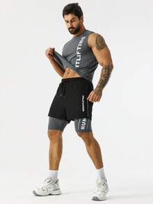 Manfinity Fitness Men Shorts Set Men Letter Graphic Tank Top & Drawstring Waist 2 In 1 Shorts Sports Set, Athletic Suit, Tracksuit - Multicolor - View 6