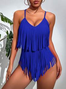 Swim Vcay Summer Beach Fringe Trim Backless One Piece Swimsuit - Royal Blue - View 3