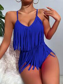 Swim Vcay Summer Beach Fringe Trim Backless One Piece Swimsuit - Royal Blue - View 5