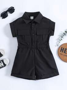 SHEIN Jumpsuit bé gái Túi Nút phía trước màu trơn Giải trí - màu đen - Xem 1