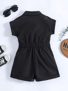 SHEIN Jumpsuit bé gái Túi Nút phía trước màu trơn Giải trí - màu đen - Xem 2