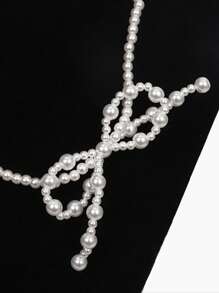 DAZY 优雅蝴蝶结装饰人造珍珠串珠项链 女士 适合日常装饰 情人节 - 米色 - 查看 9