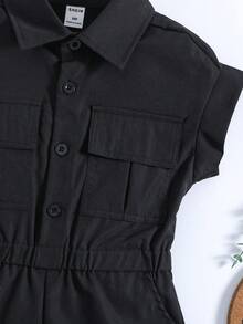 SHEIN Jumpsuit bé gái Túi Nút phía trước màu trơn Giải trí - màu đen - Xem 6
