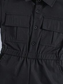 SHEIN Jumpsuit bé gái Túi Nút phía trước màu trơn Giải trí - màu đen - Xem 7