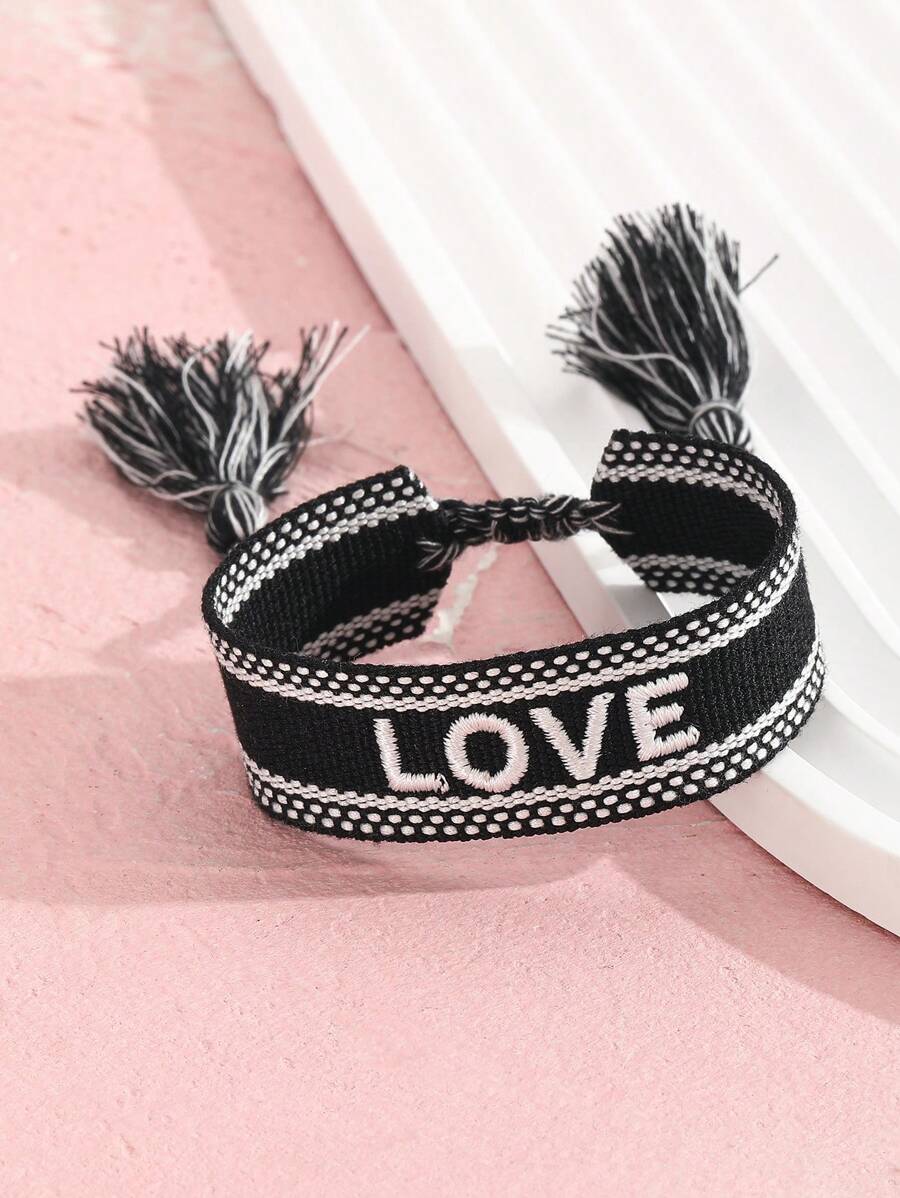 1入組時髦波希米亞刺繡編織流蘇手環適用於兒童手工可調繩禮品 - 黑色 - 查看 1