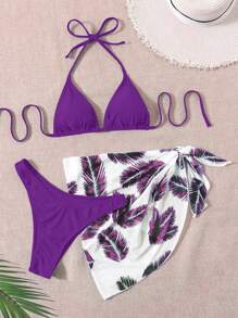 SHEIN Swim 掛脖三角杯比基尼泳裝帶熱帶圖案沙灘半身裙 - 彩色 - 查看 1