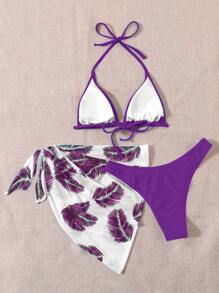 SHEIN Swim 掛脖三角杯比基尼泳裝帶熱帶圖案沙灘半身裙 - 彩色 - 查看 2
