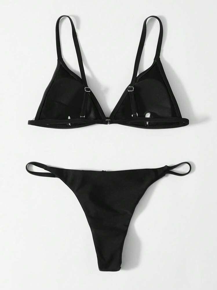 Swim Basics Summer Beach Triangle Thong Bikini Set - Black - View 2
