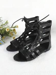 Vacation Gladiator Sandals For Women, Cut Out Design Lace-up Front Flat Sandals - Black - View 4